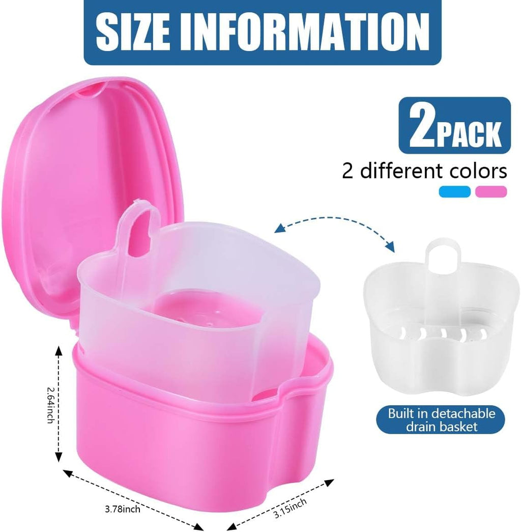 2 Pack Colors Denture Bath Case Cup Box Holder Storage Soak Container with Strainer Basket for Travel Cleaning (Light Blue and Pink)