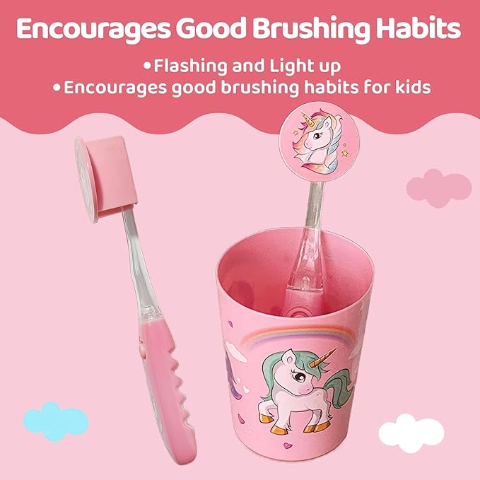 Lily's Home Kids Flashing Timer Toothbrush with Soft Bristles, Rising Cup & Cover - Fun 2-Min Light-Up Brushing for Children - Toddler Toothbrush Kit (Unicorn) - Set of 2