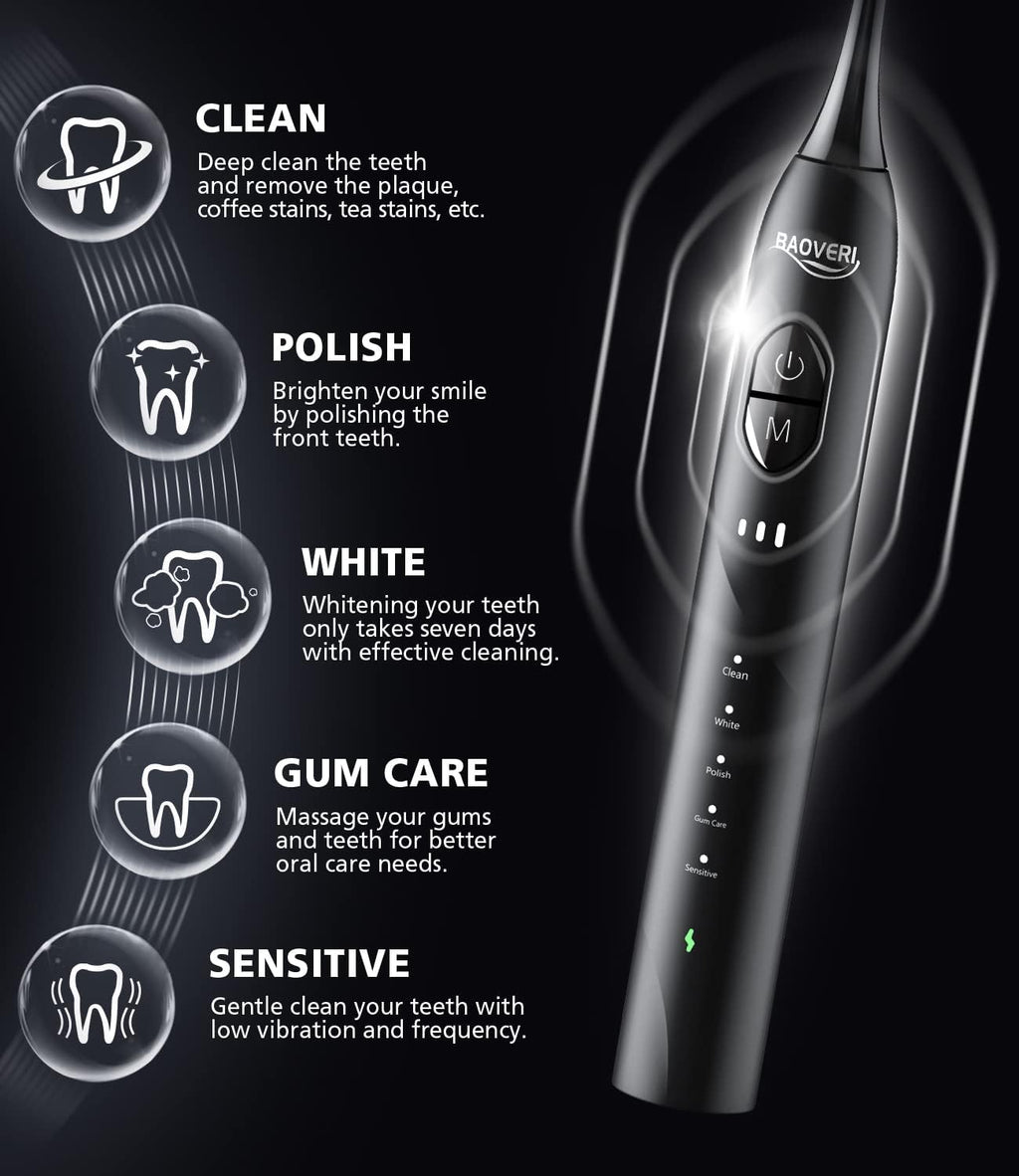 BAOVERI Electric Toothbrush with 6 Dupont Brush Heads, Rechargeable Ultrasonic Electric Toothbrushes, IPX7 Waterproof, 5 Modes, 2 Minutes Smart Timer, 4 Hours Fast Charge for 60 Days
