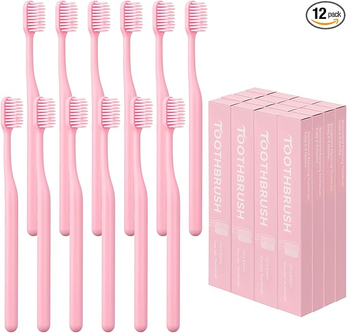 12 Pcs Pink Toothbrush Extra Soft Toothbrush Intensive Clean Tooth Brush for Adults Deep Clean Tooth Brush Individually Wrapped Gentle Bristles for Home Hotels Travel Supplies