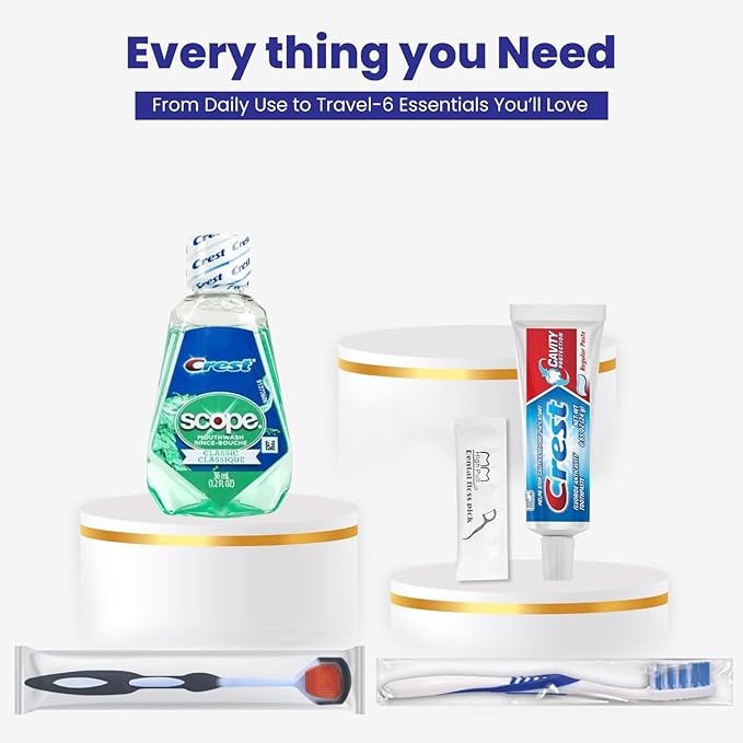 Trektote Bulk Toothpaste and Toothbrush Set- (25 Pack) 6 Piece Dental Care Kit, TSA Compliant, Includes Toothpaste, Toothbrush, Mouthwash, Flosses and Premium Toiletry Bag