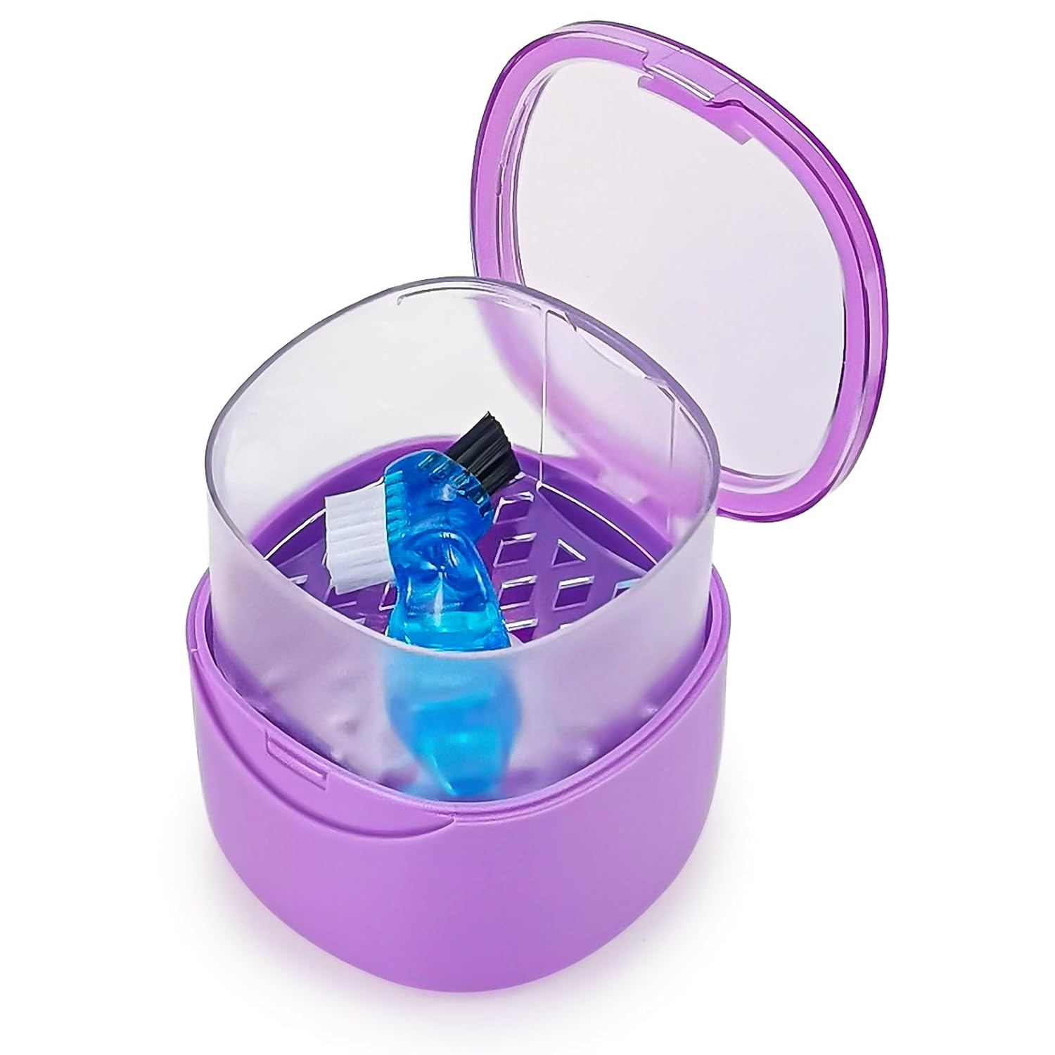 Purple Denture Cup Denture Bath Box Case with Lid Leakproof, Denture Holder Case Retainer Cleaning Container Mouth Guard Cleaner Case for Household, Travel, Office