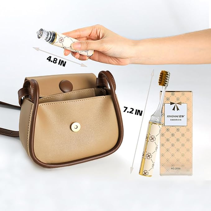 Foldable Travel Toothbrush Set,Compact Head,Mini Toothbrush with Toothbrush Case,Soft Bristled Travel Toothbrushes for Adults (Leather Handle Apricot 1 Set)