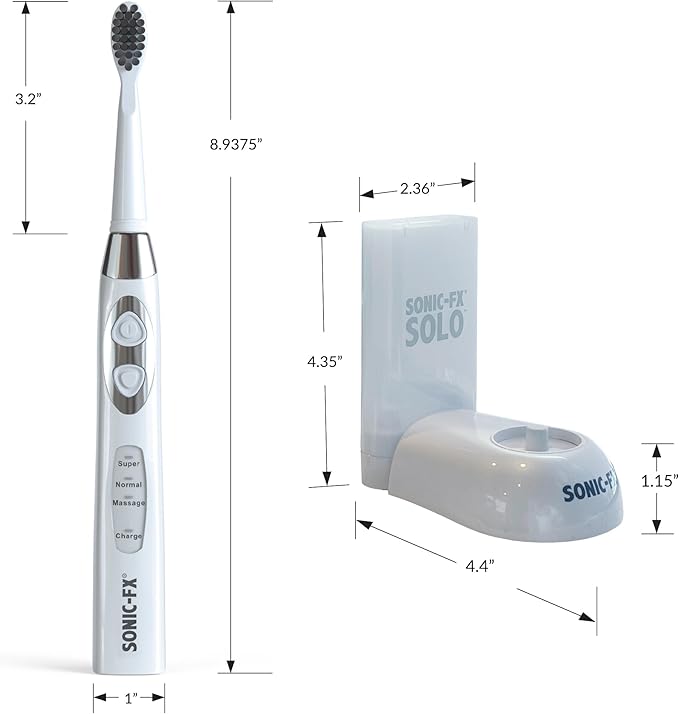 Sonic-FX Solo Electric Toothbrush w/ 10 Brush Heads + 1 Interdental, Charcoal Bristles, Rechargeable, Charging/Storage Base, 3 Brush Modes, Smart Timer, 2 Months Use on Full Charge, White Color