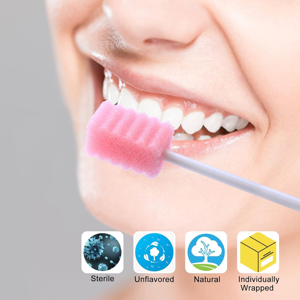 100 Pcs Disposable Mouth Swabs Sponge, BVN Oral Swabs, Oral Care Swabs Disposable, Mouth Swabs, Unflavored and Sterile Disposable Dental Swabsticks for Mouth Cleaning, Sawtooth-Shaped Pink.