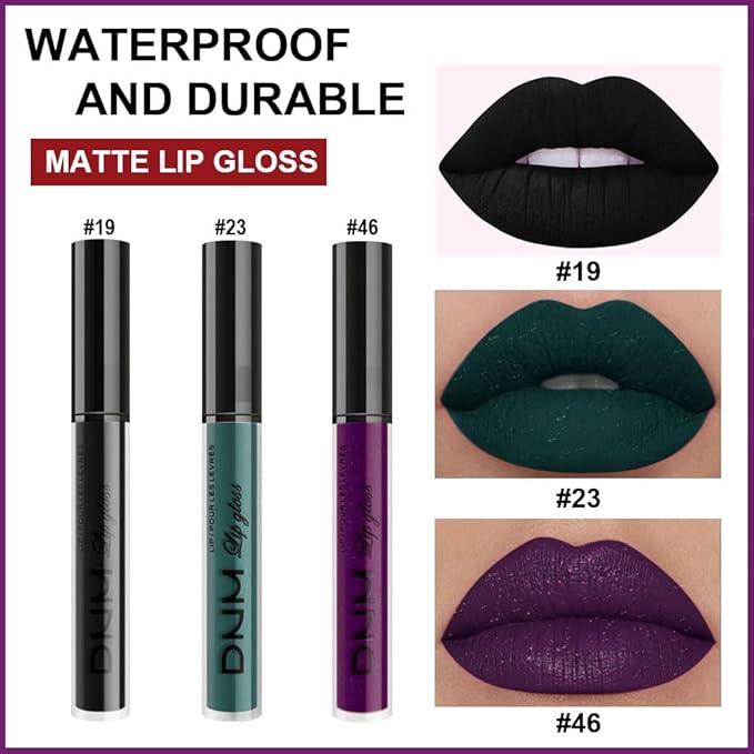 evpct 3Pcs Dark Black Green Purple Matte Liquid Lipstick Lip Stain Sets for Women Long Lasting Waterproof, 24 Hours Goth Lipstick labiales matte mate larga duracion listip 24 hours, 19#