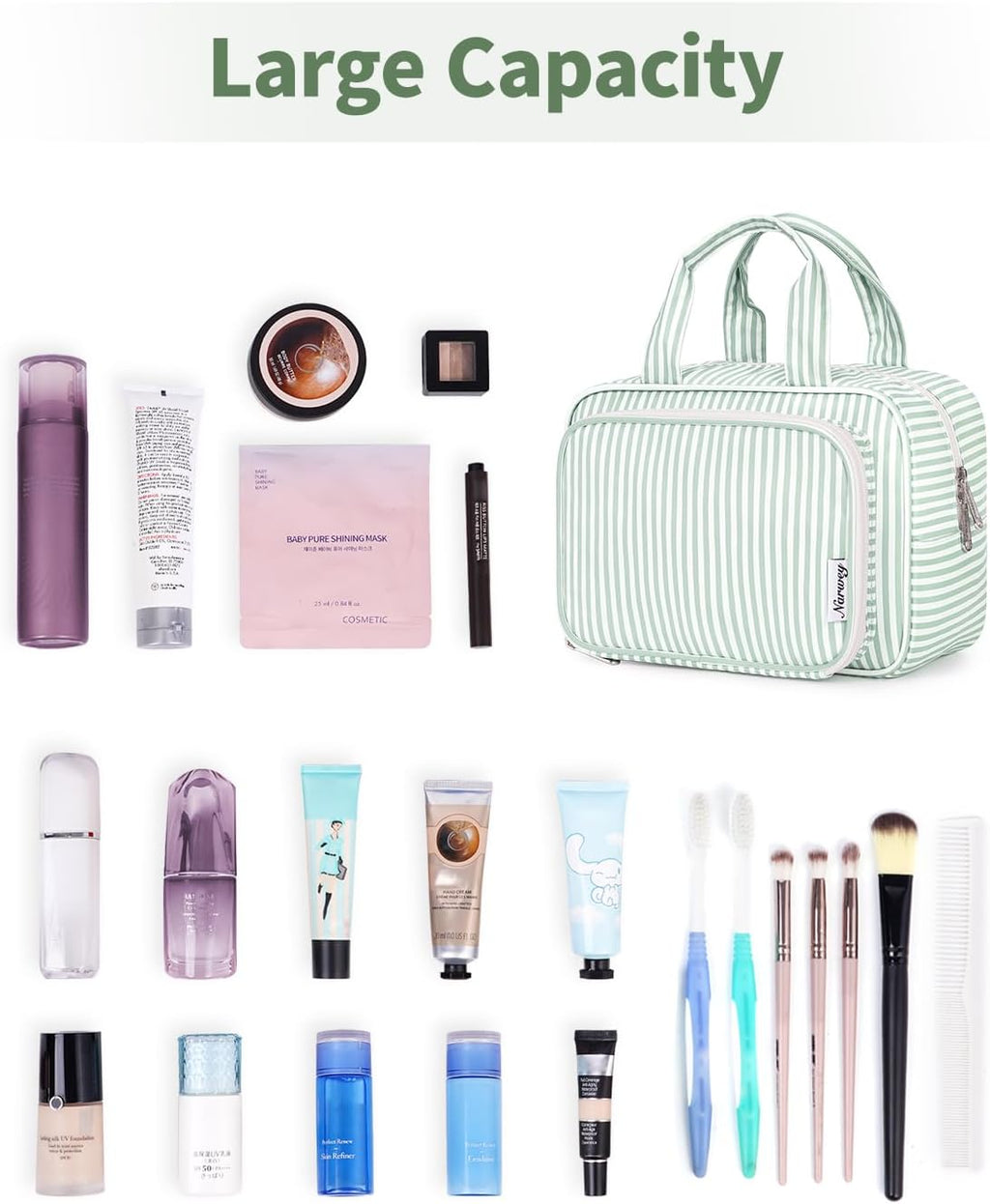 Narwey Large Travel Toiletry Bag for Traveling Women, Cosmetic Makeup Bag Make Up Organizer, Striped Travel Bag for Toiletries with Handle (Mint Green Stripe)