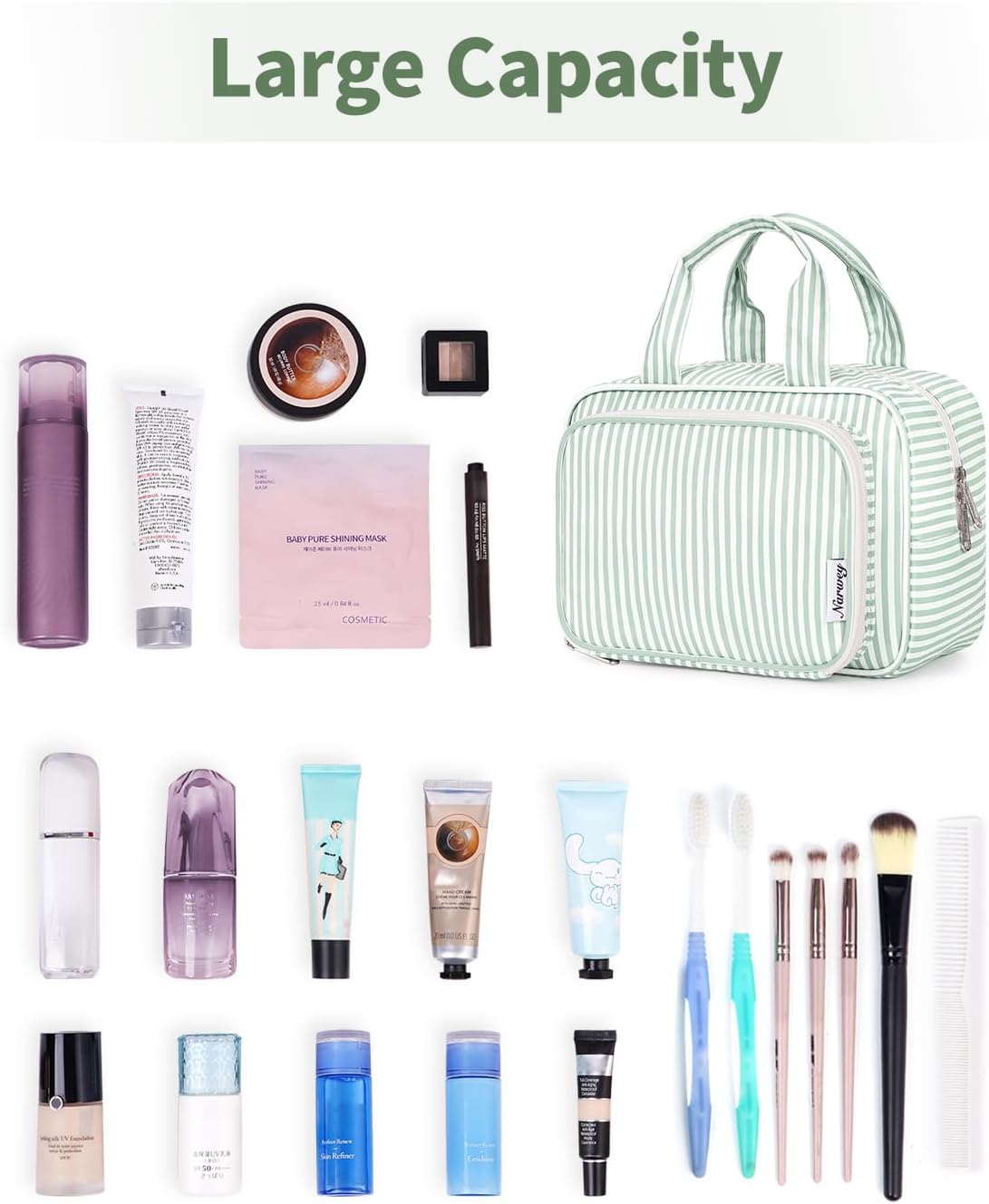 Narwey Large Travel Toiletry Bag for Traveling Women, Cosmetic Makeup Bag Make Up Organizer, Striped Travel Bag for Toiletries with Handle (Mint Green Stripe)