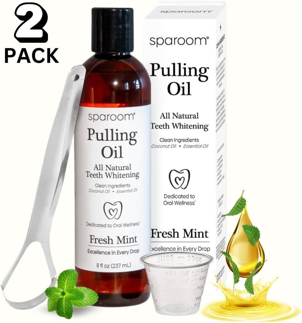 SpaRoom Oil Pulling for Teeth and Gums – 2 Pack Coconut Oil Pulling for Teeth with Tongue Scraper, Fresh Mint, Natural Mouthwash Alternative for Gum Health, Oral Hygiene, and Breath Support, 16 fl oz