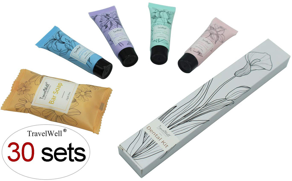 Travel Well Hotel Toiletry Kit Bulk - Individually Wrapped Guest Bathroom Essentials - Shampoo Conditioner Set & Travel Toiletries - Soap Bars & Dental Kits - 180-Piece Set, Mint Scent