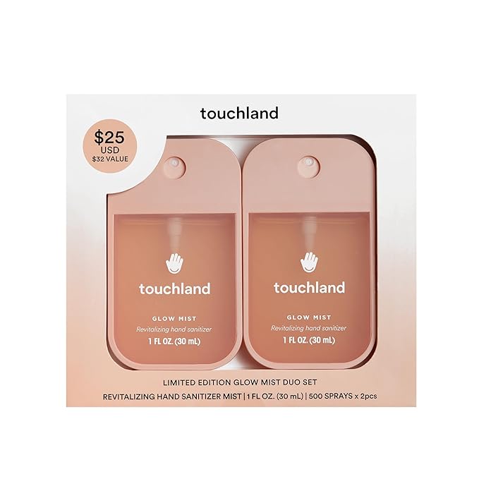 Touchland Limited Edition Glow Mist Duo Set, Revitalizing Hand Sanitizer Spray, Rosewater scented, 1FL. OZ. Travel Size (Set of 2)