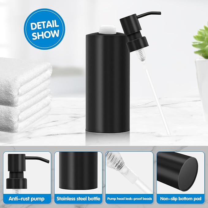 ARKTEK Large Stainless Steel Countertop Soap Dispenser Matte Black- Rust and Leak Proof Liquid Hand Soap Pump Bottle for Kitchen, Bathroom and Countertop Hand Dish Lotion (20 Oz / 600ml)