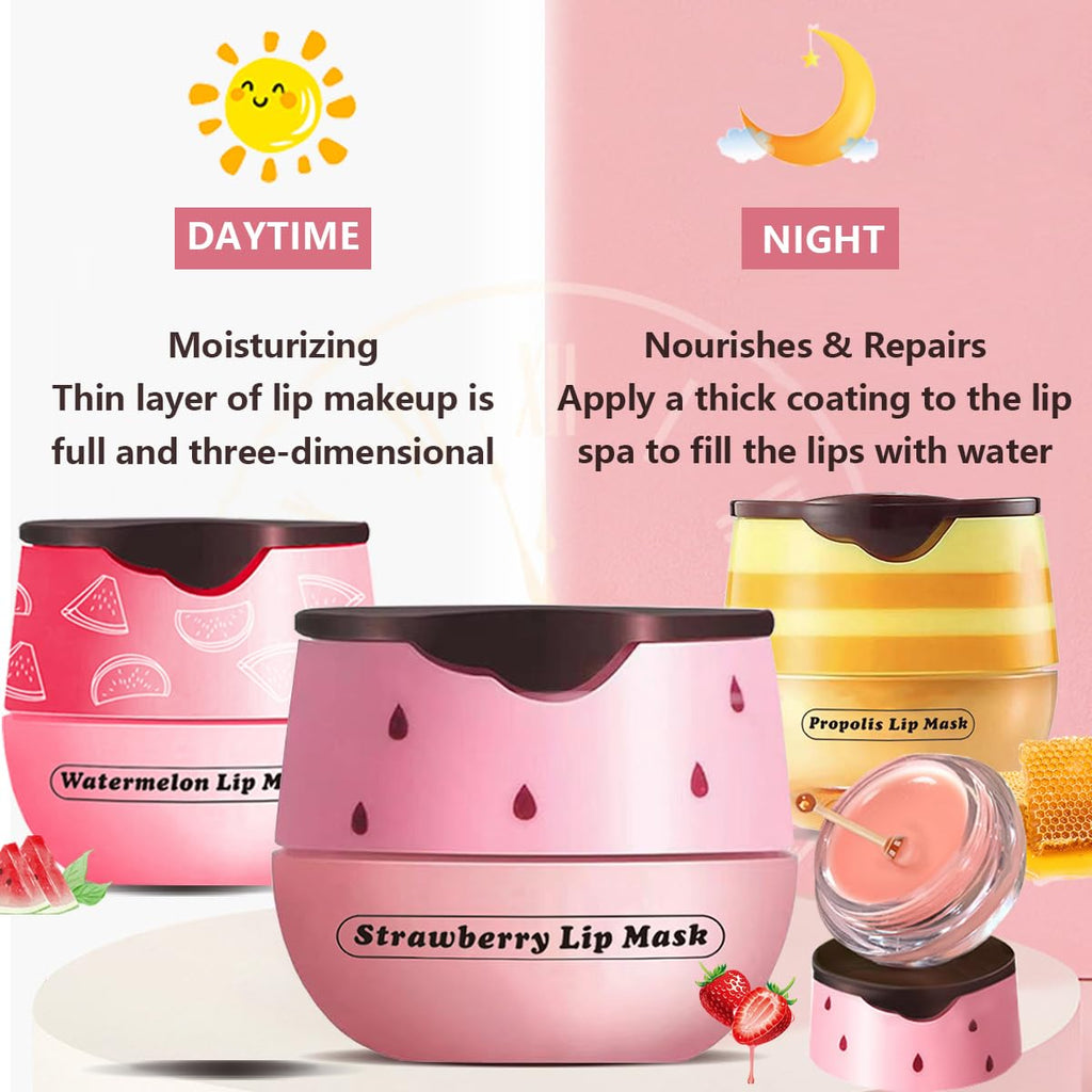3 Pcs Honey Lip Balm, Strawberry Watermelon Lip Mask, Moisturizing Lip Sleeping Mask, Hydrate Repair Prevent Dry Cracked Lip (Strawberry + Honey + Watermelon)