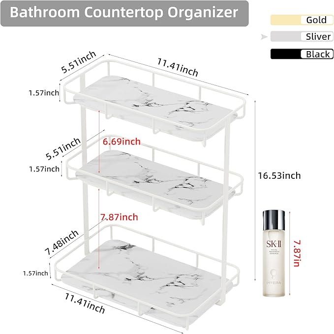 Bathroom Organizer Countertop Perfume Organizer Makeup Organizer Cosmetics Storage Display Rack Vanity Tray Dresser Stainless Steel Gold Shelf White Marble Ceramic Tray
