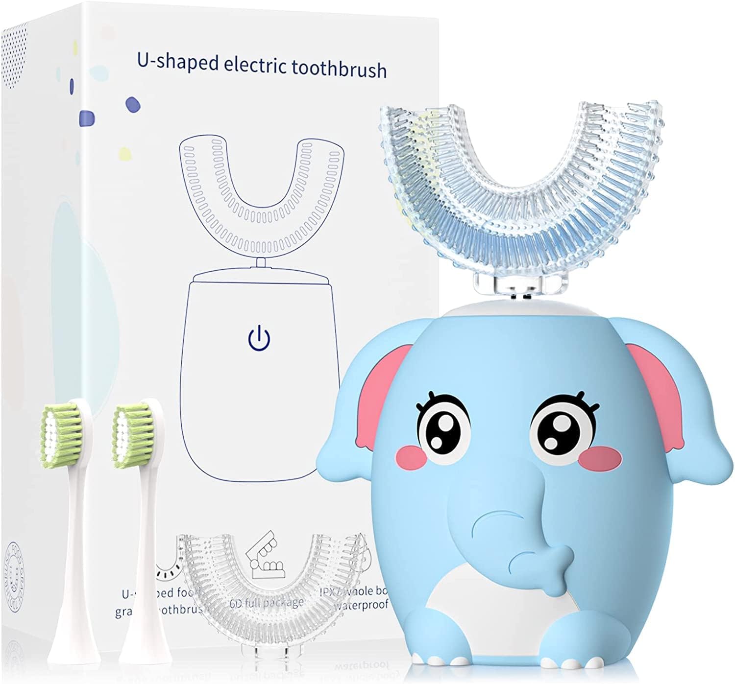 Kids Electric U Shaped Toothbrush Children Rechargeable Sonic Toothbrush with 4 Brush Heads Full Mouth 6 Cleaning Modes - (Age 8-15 Blue)