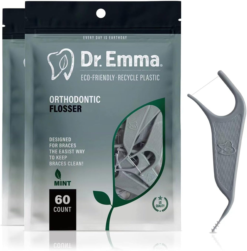Dr. Emma Orthodontic Flossers for Braces, Ortho Dental Floss Picks, Mint Flavor 60 Count/Bag (Gray, 2pack)