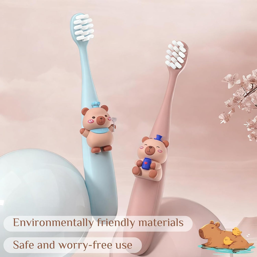 Capybara Kids Toothbrush 6-Pack - Soft Bristles with Suction Cup - Kids Toothbrush, Child-Sized Brush Heads, Easy-Storage Toothbrushes for Ages 3-12, Girls and Boys Set
