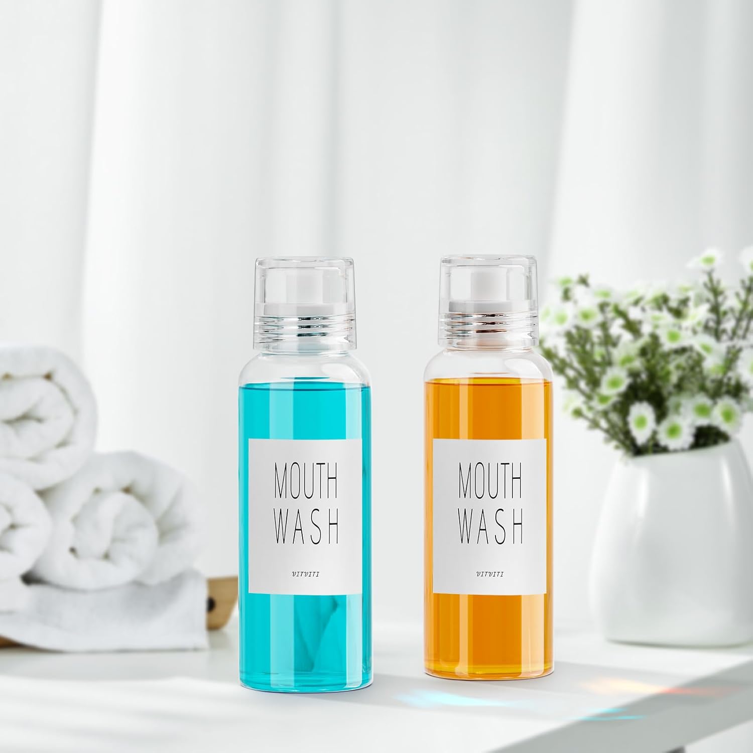 VITVITI Glass Mouthwash Dispenser for Bathroom, 10 OZ Mouth Wash Container Bottle with Lid Cup, Countertop Small Clear Refillable Mouthwash Dispensers Decanter (White)