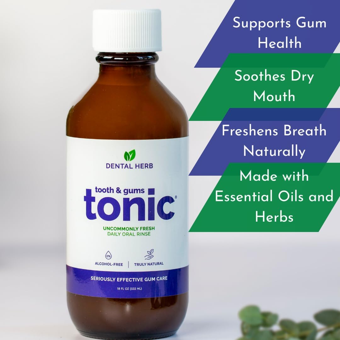 Tooth & Gums Tonic Herbal Oral Rinse with Essential Oils | Alcohol-Free, Fluoride-Free Mouthwash | Plant-Based Oral Care | Soothe Gums & Freshen Breath Naturally | by Dental Herb Company | (2) 18 oz.