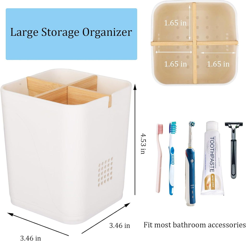 Toothbrush Holders Drainage for Bathrooms, 4 Slots Tooth Brushing Holder with Bamboo Dividers Plastic Electric Toothbrush and Toothpaste Caddy Organizer for Sink, Counter, Shower, Vanity, White