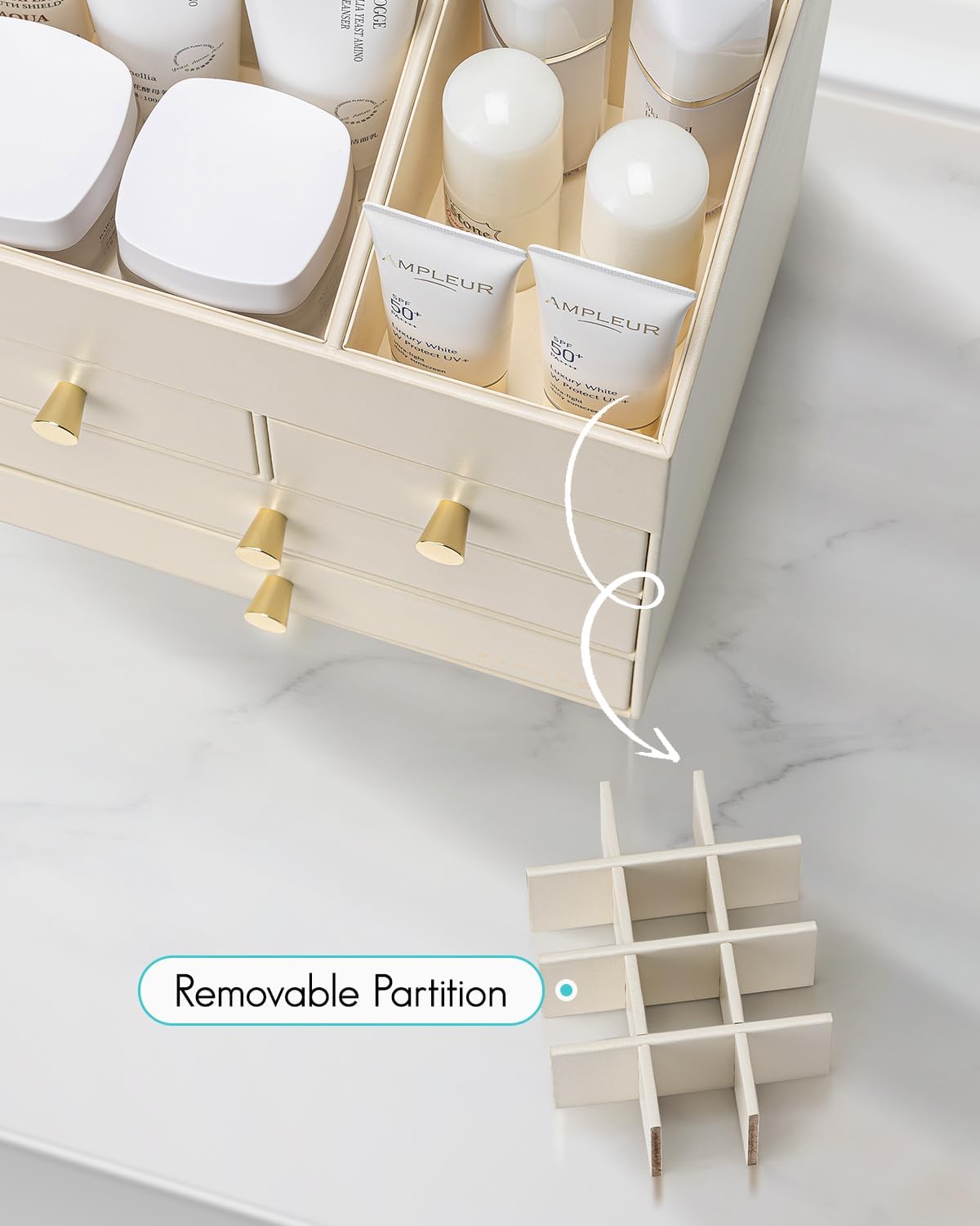 Vlando Makeup Organizer Countertop,Large Vanity Organizer PU Leather Make up Storage with 4 Drawers Perfume Organizers Cosmetic Display Case for Lipstick,Brushes,Bedroom-Beige