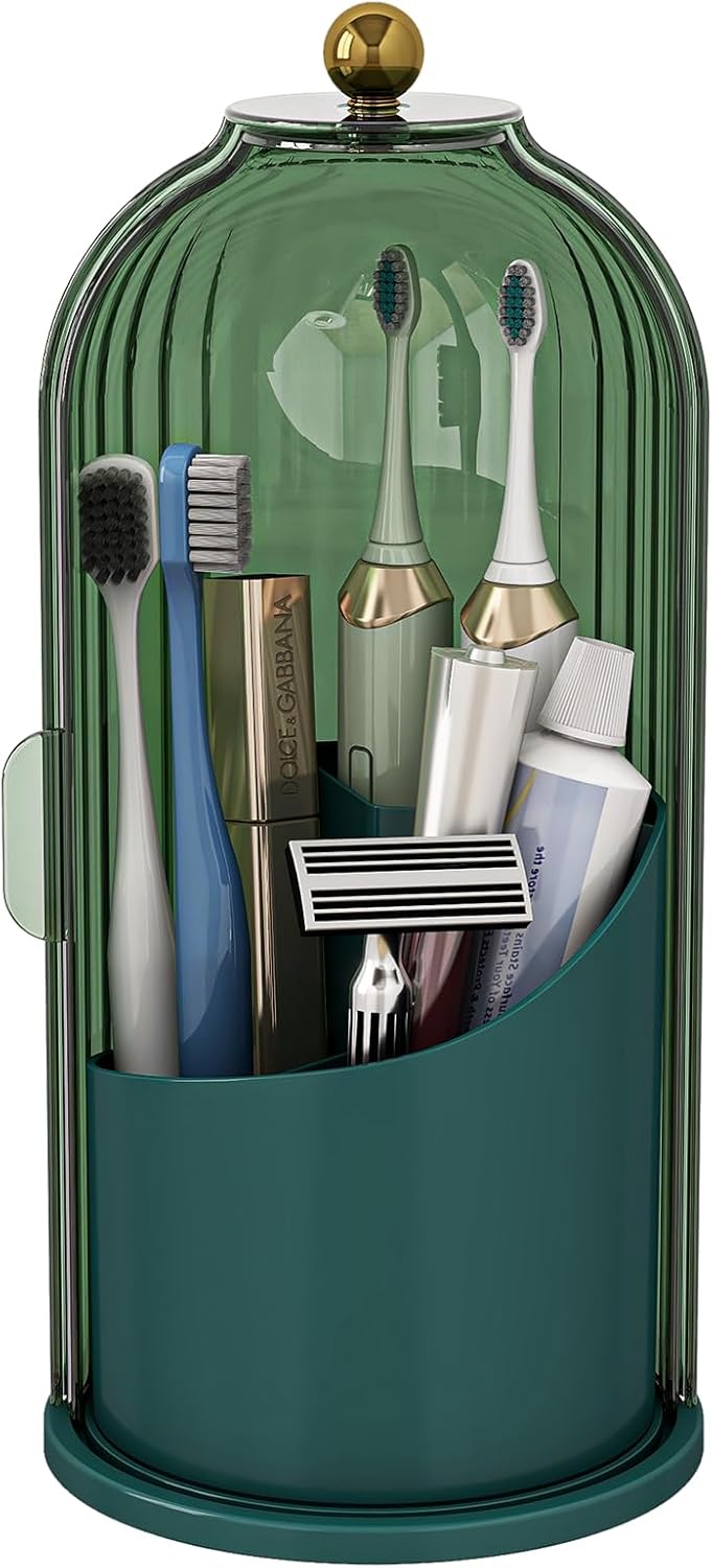 Dustproof Toothbrush Holders with Cover, Rotating Electric Toothbrush and Toothpaste Holder for Bathroom Countertop, 3 Slots Makeup Brushes Organizer, All Green