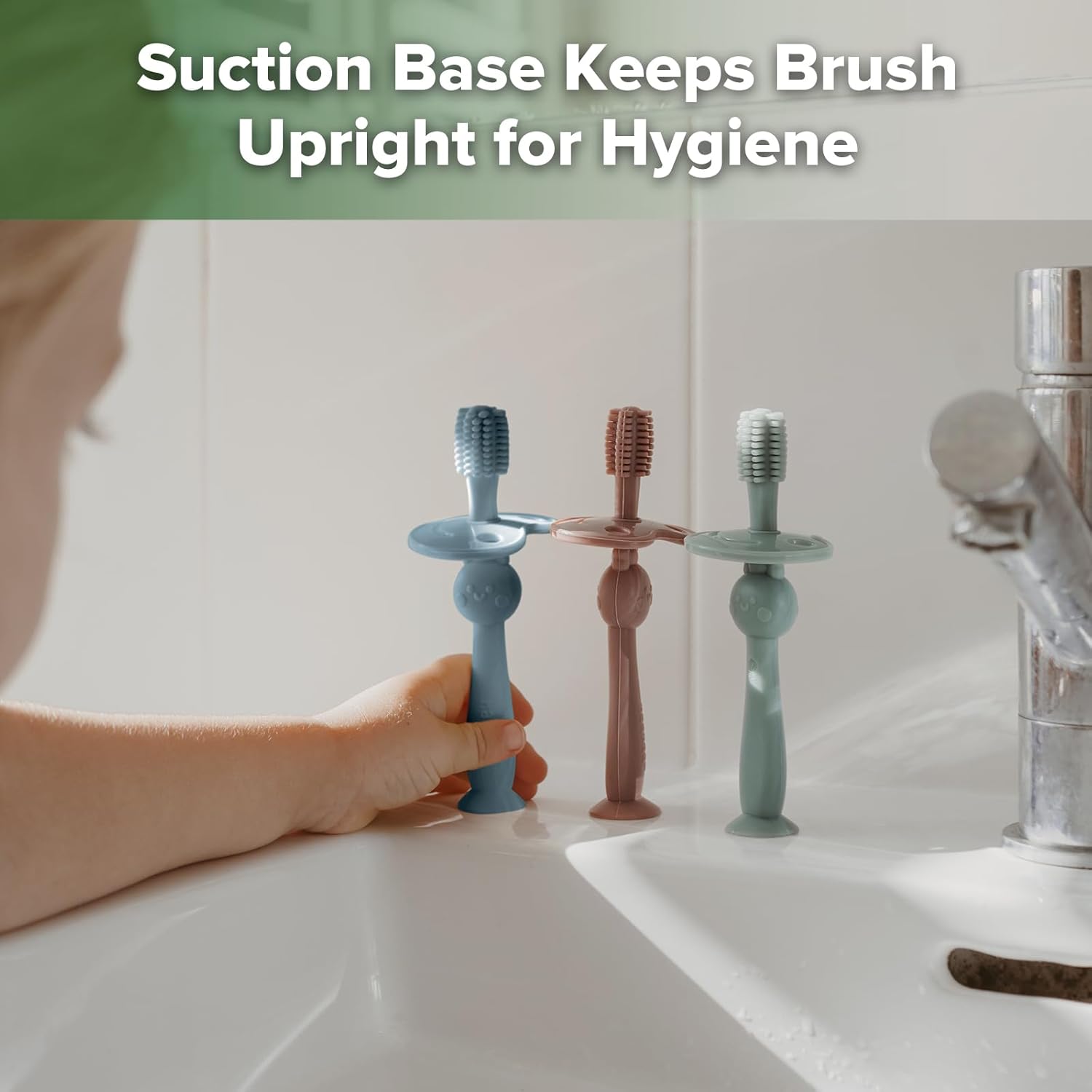 haakaa 360° Baby Toothbrush with Suction Base - Gentle Cleaning for Toddler's Self-Brushing Training, Food-Grade Silicone, Adjustable Safety Shield - Sky Blue (1 Piece)