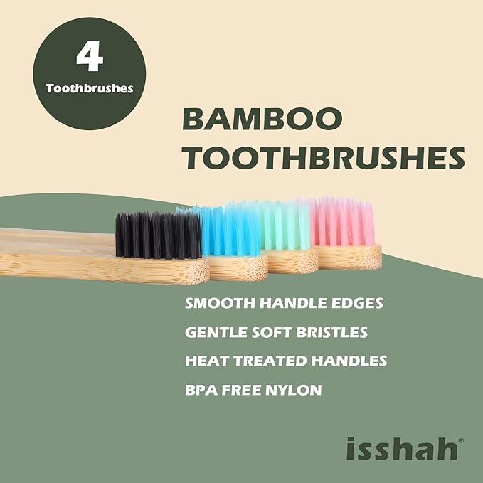 Kids Bamboo Toothbrushes Biodegradable Handle BPA Free Eco Friendly Children Size, Pack of 4