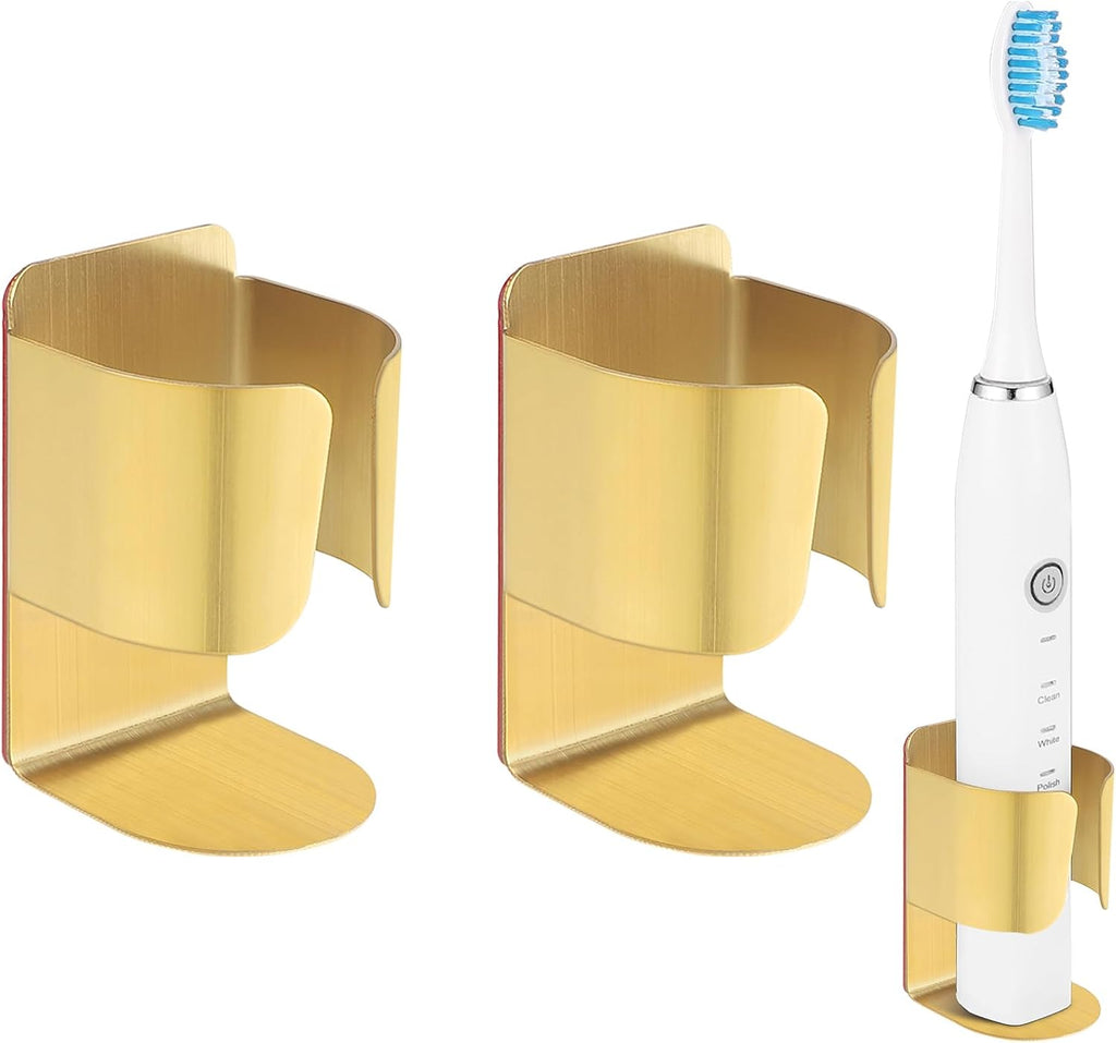 Electric Toothbrush Holder Wall Mount, 304 Stainless Steel Self-Adhesive Bathroom Organizer for Electric Toothbrush, Toothpaste & Face Wash-Space Saving, Waterproof, Holds Up to 10lbs (Golden 2 Pack)