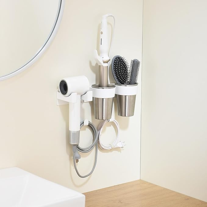 Hair Tool Organizer, Hot Tools Organizer Wall Mount White, Aluminum Hair Tool Organizer Wall Mount, Wall Mounted Hot Tool Organizer with 2 Stainless Steel Cups for Bathroom & Vanity Storage CHOCHYAH