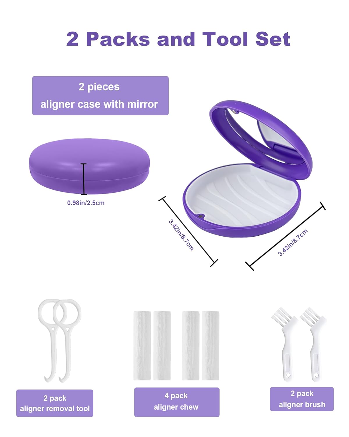 2 Pack Retainer Case with Mirror Kits, Aligner Case Compatible with Invisalign, Slim Night Guard Cases with Aligner Removal Tool, Brush and Chew, Purple