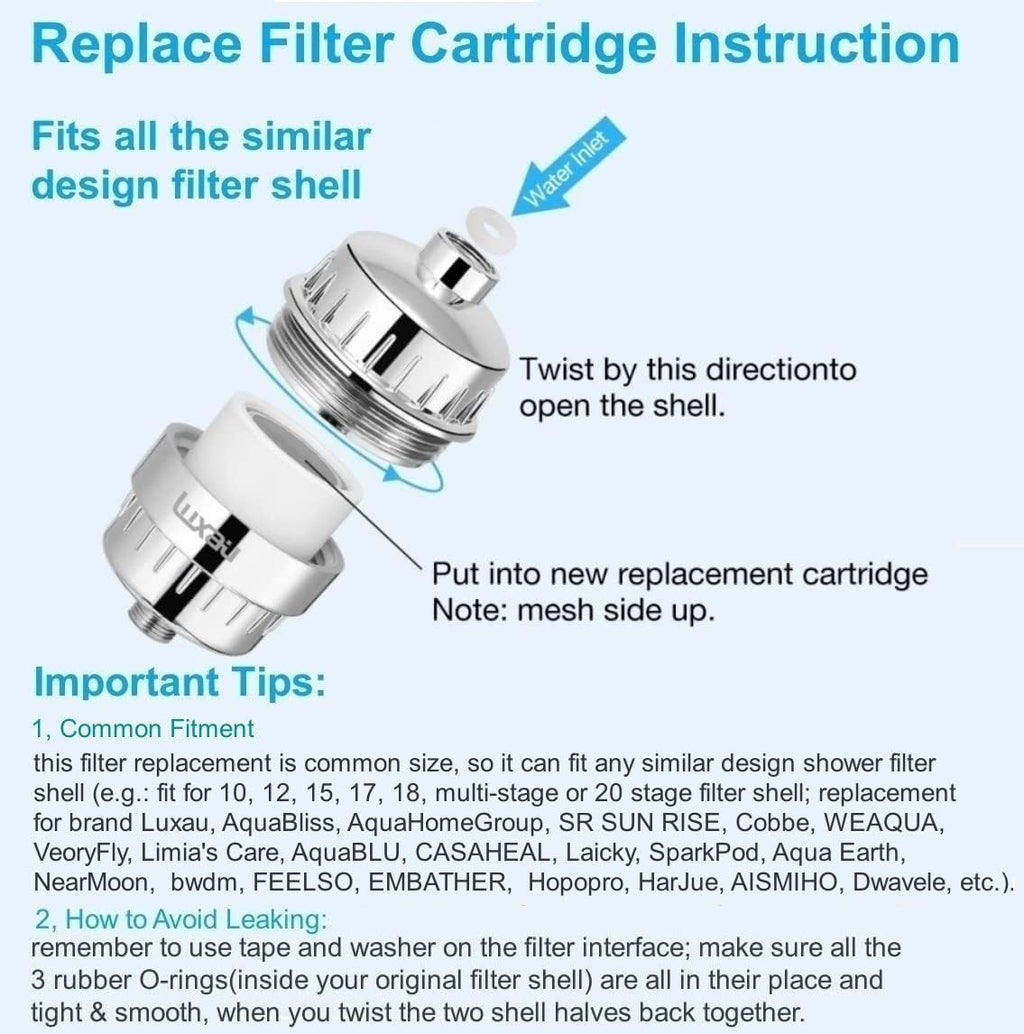 2 Pc Luxau 20 Stage(Also Fit 15, 18 Stage) Shower Filter Replacement Cartridge, Shower Head Filter Refill, for Hard Water Chlorine Heavy Metal, Skin Hair, Fit Any Similar Design Shower Water Filter