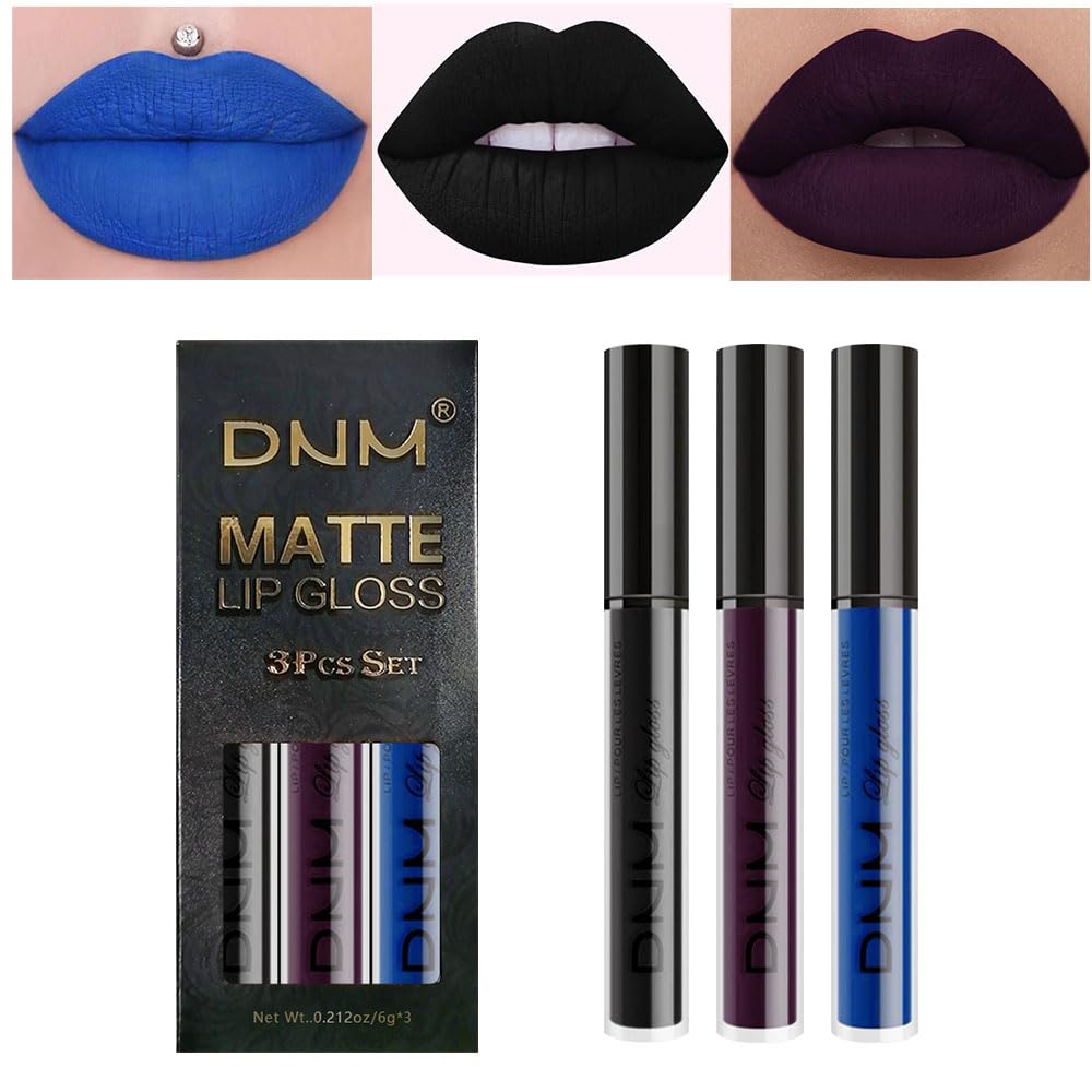 AMY'S DIARY 3Pcs Matte Liquid Lipstick Sets, Blue Dark Black Purple Matte Lipstick Lip Stain Long Lasting 24 Waterproof Lip Gloss Gift Set for Women Lippies (07)
