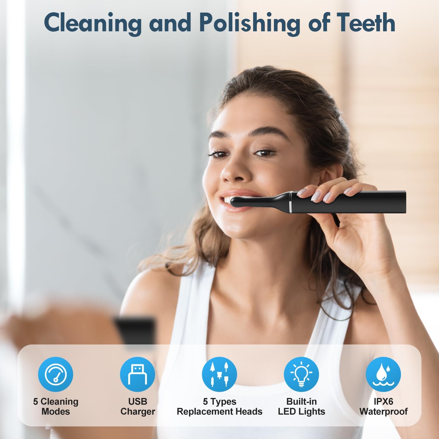 Tooth Polisher, Teeth Cleaning Kit with 5 Brush Heads, 3 Tooth Polish Paste, LED Light, IPX6, 5 Speed Modes, Rechargeable Professional Tooth Polishing Kit for Teeth Cleaning