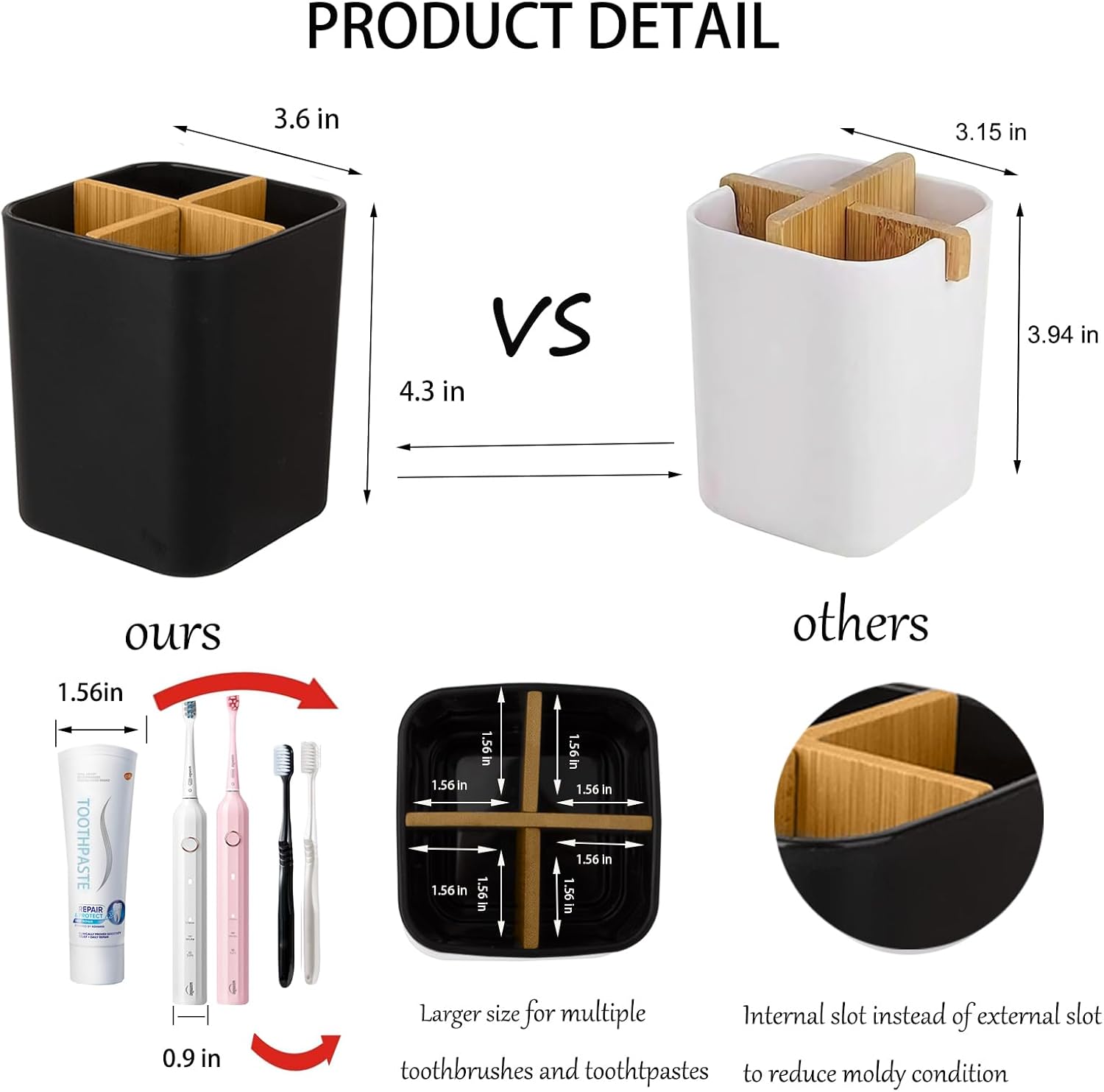 Bamboo Toothbrush Holder for Bathrooms, 4 Slots Toothbrush and Toothpaste Holder Bathroom Counter Organizer for Electric Toothbrushes, Floss, Razors - Black