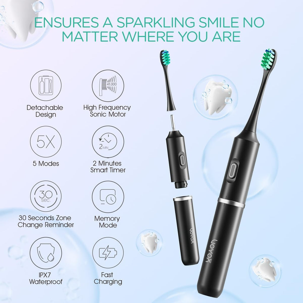VOYOR-Health Travel Electric Toothbrush, Rechargeable Toothbrushes for Adults, Portable Sonic Toothbrush with 5 Modes, Three-Section Detachable Design with Travel Case ET410 (Black)