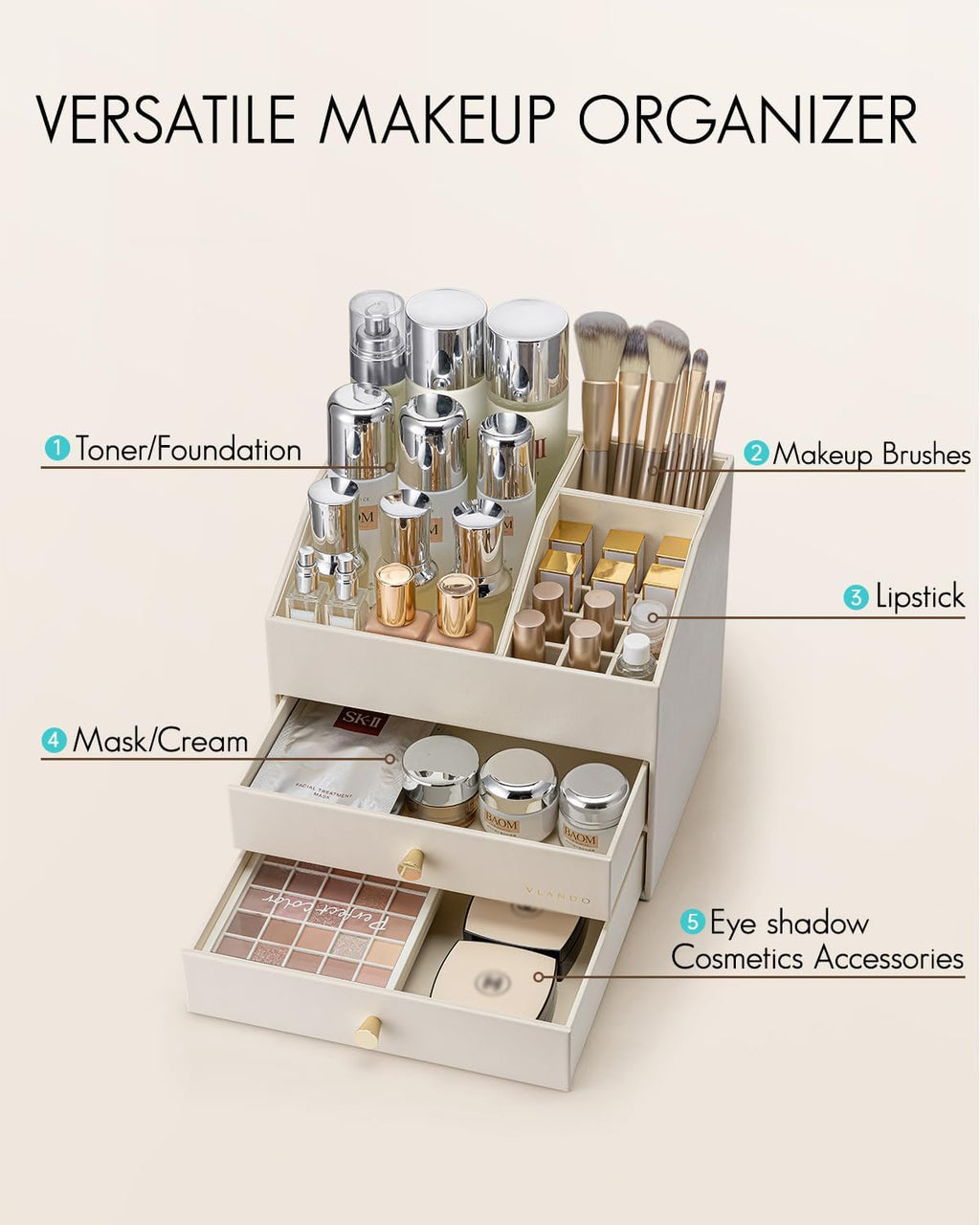 Vlando Makeup Organizer for Vanity,Large Capacity Countertop Organizer with Drawers, PU Leather Cosmetic Display Case for Lipstick,Brushes,Skincare,Bedroom Storage (Beige)