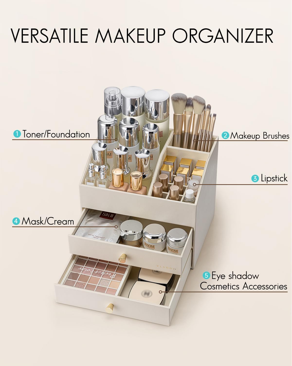 Vlando Makeup Organizer for Vanity,Large Capacity Countertop Organizer with Drawers, PU Leather Cosmetic Display Case for Lipstick,Brushes,Skincare,Bedroom Storage (Beige)