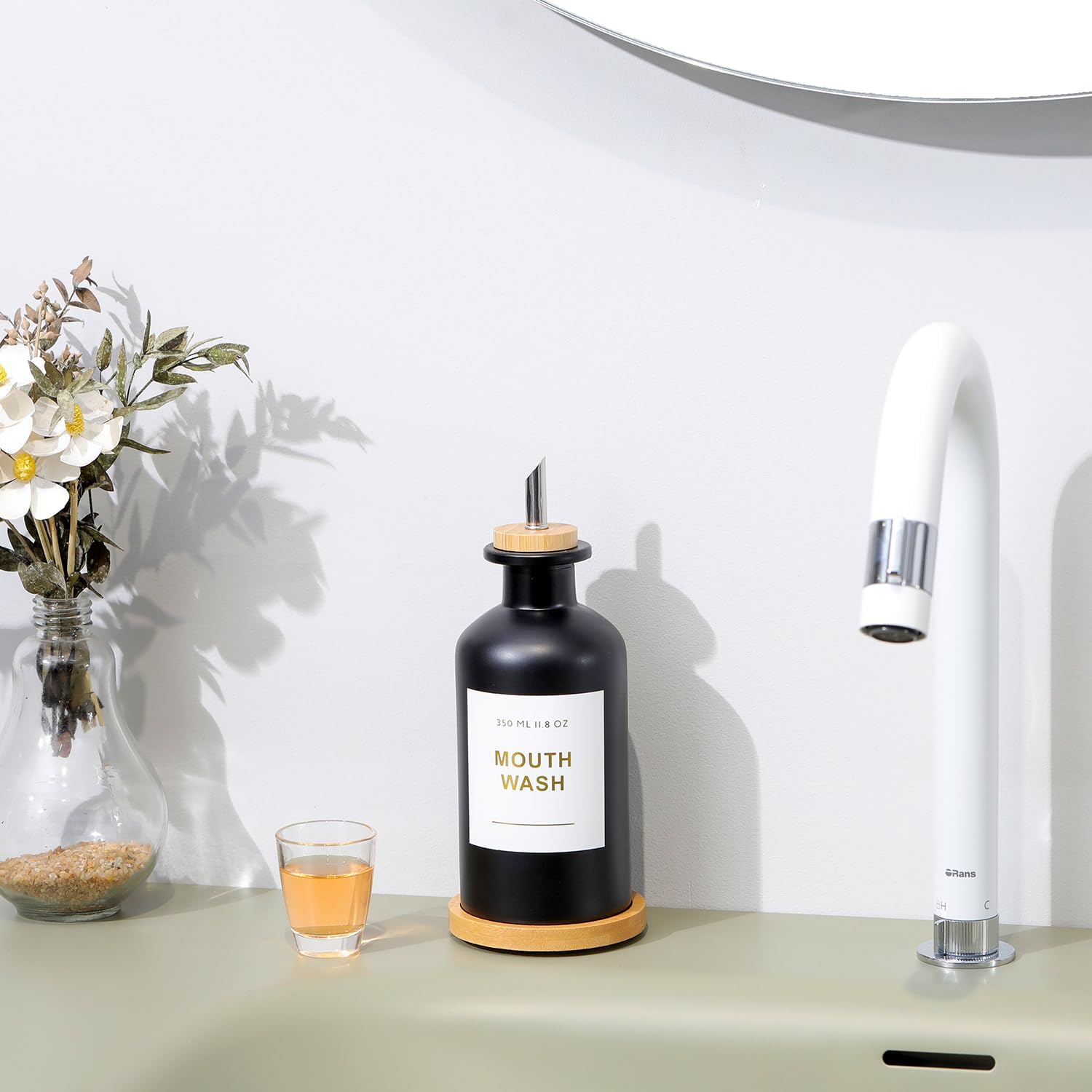 11.8OZ Glass Mouthwash Dispenser for Bathroom with Stainless Steel & Bamboo Nozzle, Mouthwash Cup Reusable, Bamboo Tray, and Elegant Gold Sticker.(Black)