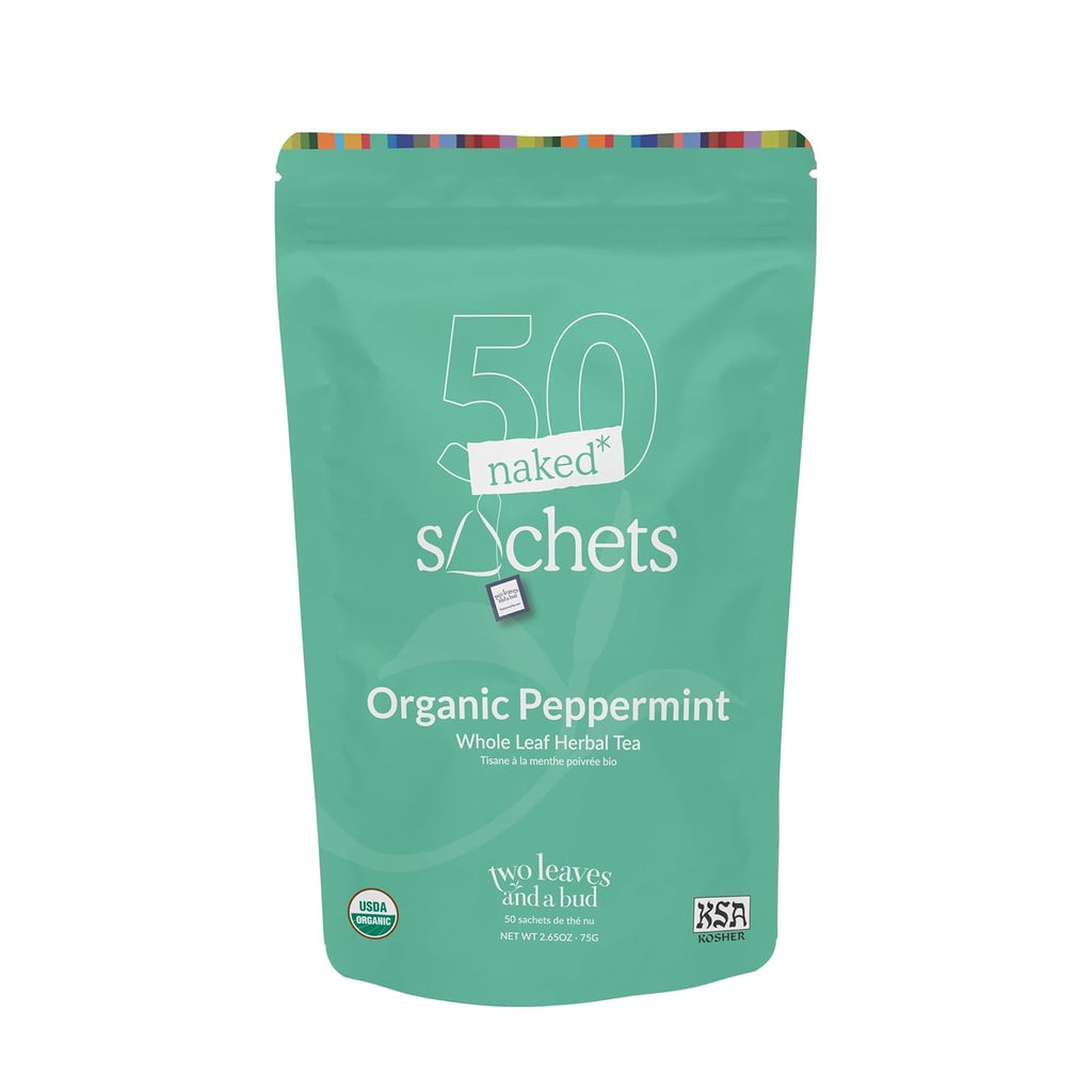Two Leaves and a Bud Organic Peppermint - 50 Naked Tea Sachets, Naturally Caffeine Free, Whole Leaf Herbal Tea in Eco-Friendly Unwrapped Compostable Sachets, Resealable Bag, 50 Count (Pack of 1)