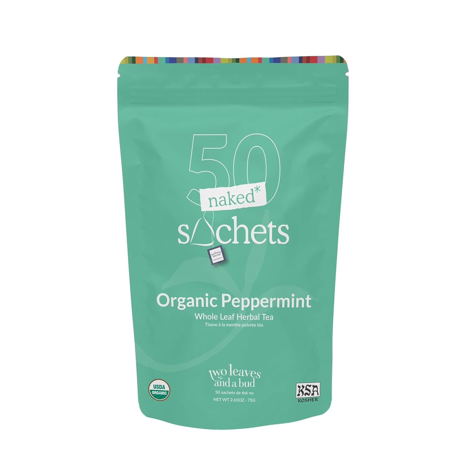Two Leaves and a Bud Organic Peppermint - 50 Naked Tea Sachets, Naturally Caffeine Free, Whole Leaf Herbal Tea in Eco-Friendly Unwrapped Compostable Sachets, Resealable Bag, 50 Count (Pack of 1)