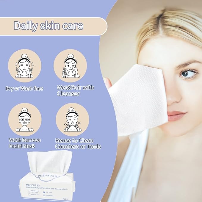 Disposable Face Towel, MSOEUESO Cotton Facial Tissues, Dry Face Cloths, Thick Facial Wipes, Makeup Remover Wipes, Ultra Soft for Adults and Baby 100 count, 1 pack