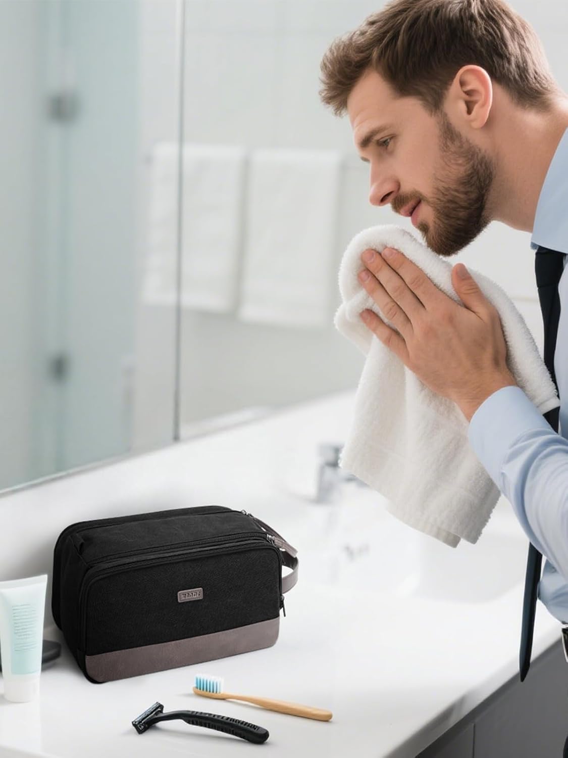 WANDF Toiletry Bag for Men Travel Toiletry Organizer Canvas and Leather Dopp Kit Water-Resistant Shaving Bag for Travel Accessories (Black, Medium)
