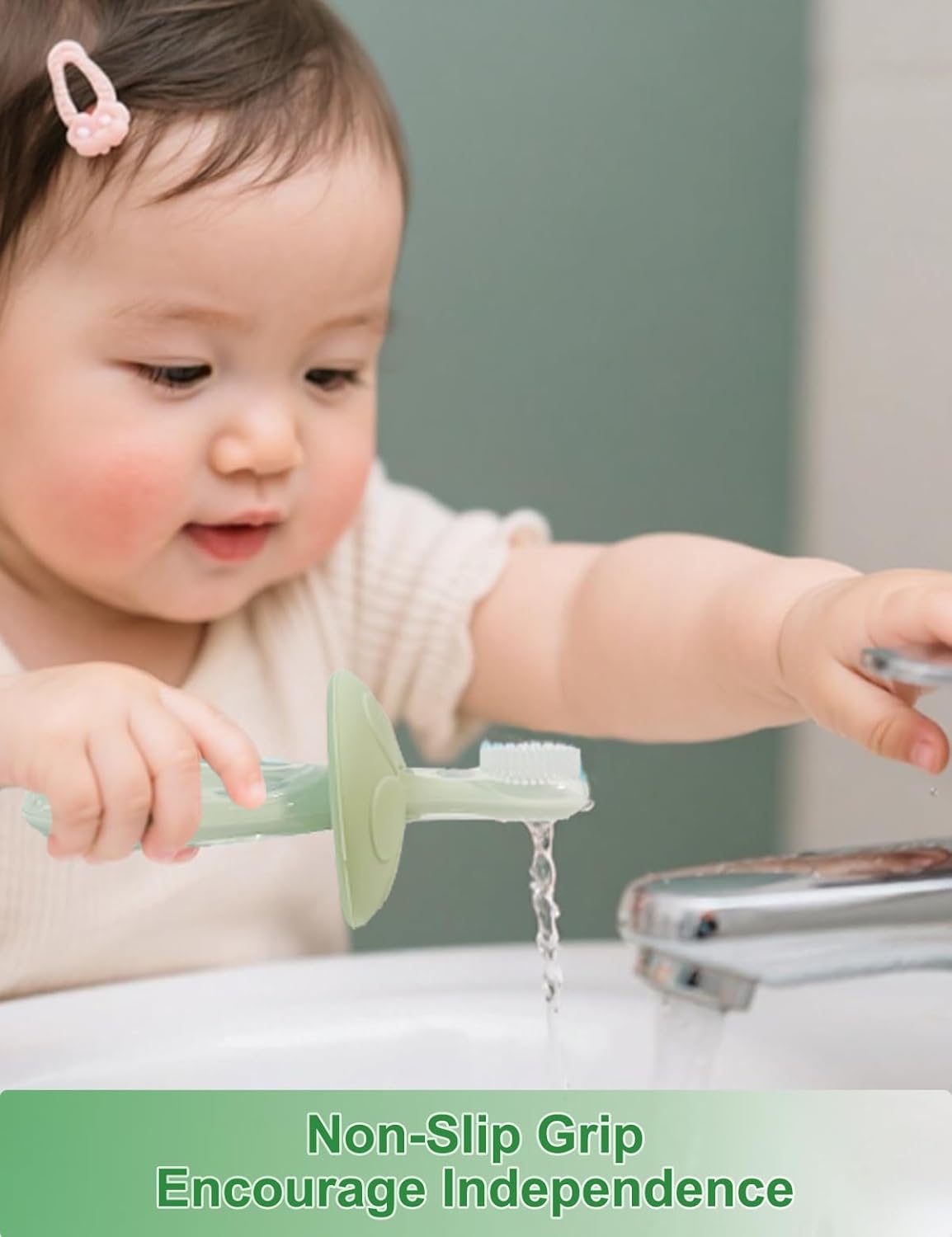 Baby Toothbrush & Teether for Infant and Toddler, Silicone Baby Oral and Tongue Cleaner, Ultra Soft Infant Training Toothbrush with Travel Case, Adjustable Safety Shield - Green