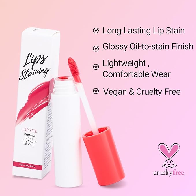 Erinde Lips Staining Lip Oil, Glossy Lip Stain, Long-Lasting Lightweight Lip Staining Oil, Moisturizing Plumping Hydrating Glossy Lip Tint, Vegan & Cruelty-Free, 02