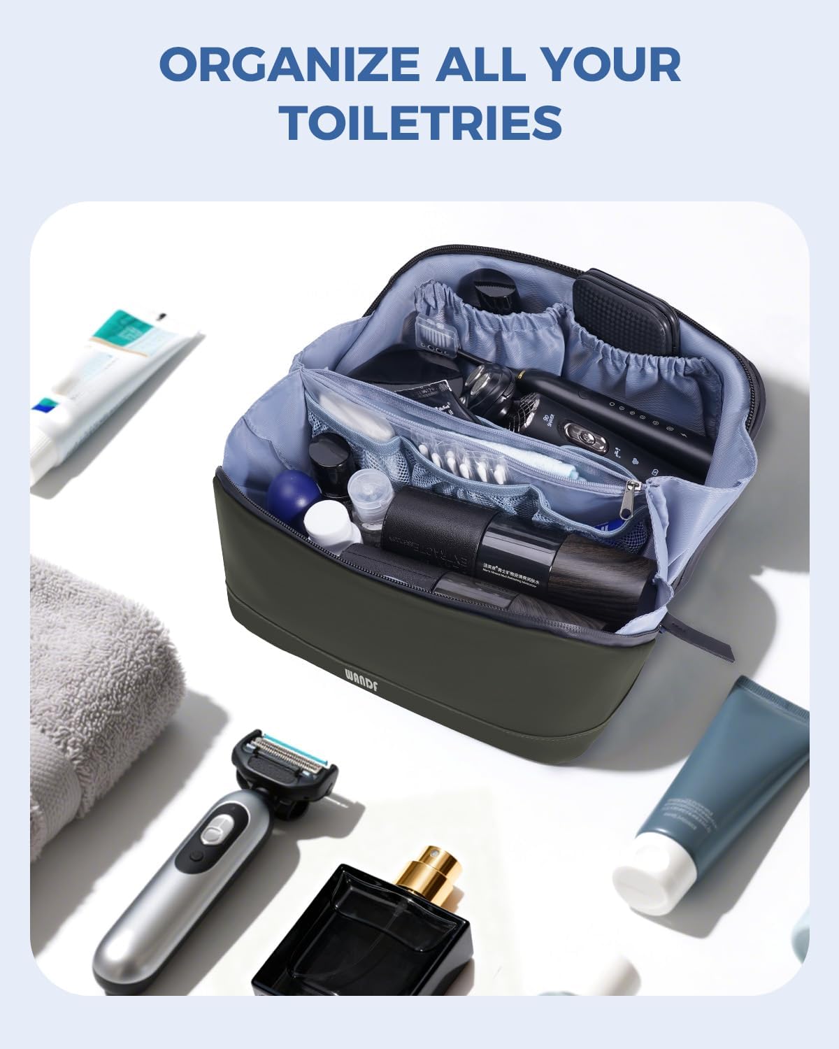 WANDF Toiletry Bag for Men, PU Leather Travel Organizer with Detachable Waterproof Hanging Pouch, Open-Flat Dopp Kit Shaving Bag with Wet Pocket for Travel Toiletries Accessories (Army Green)