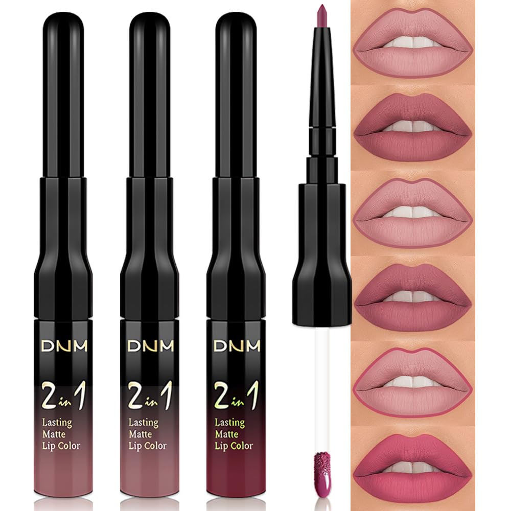 evpct 3Pcs Antique Rose Nuetral Hot Mauve Matte Lip Liner & Liquid Lipstick Stain Makeup Set for Women, Lip Liner Stain Long Lasting Waterproof Smudge Proof, Cruelty Free Lip Makeup 24 hours originale