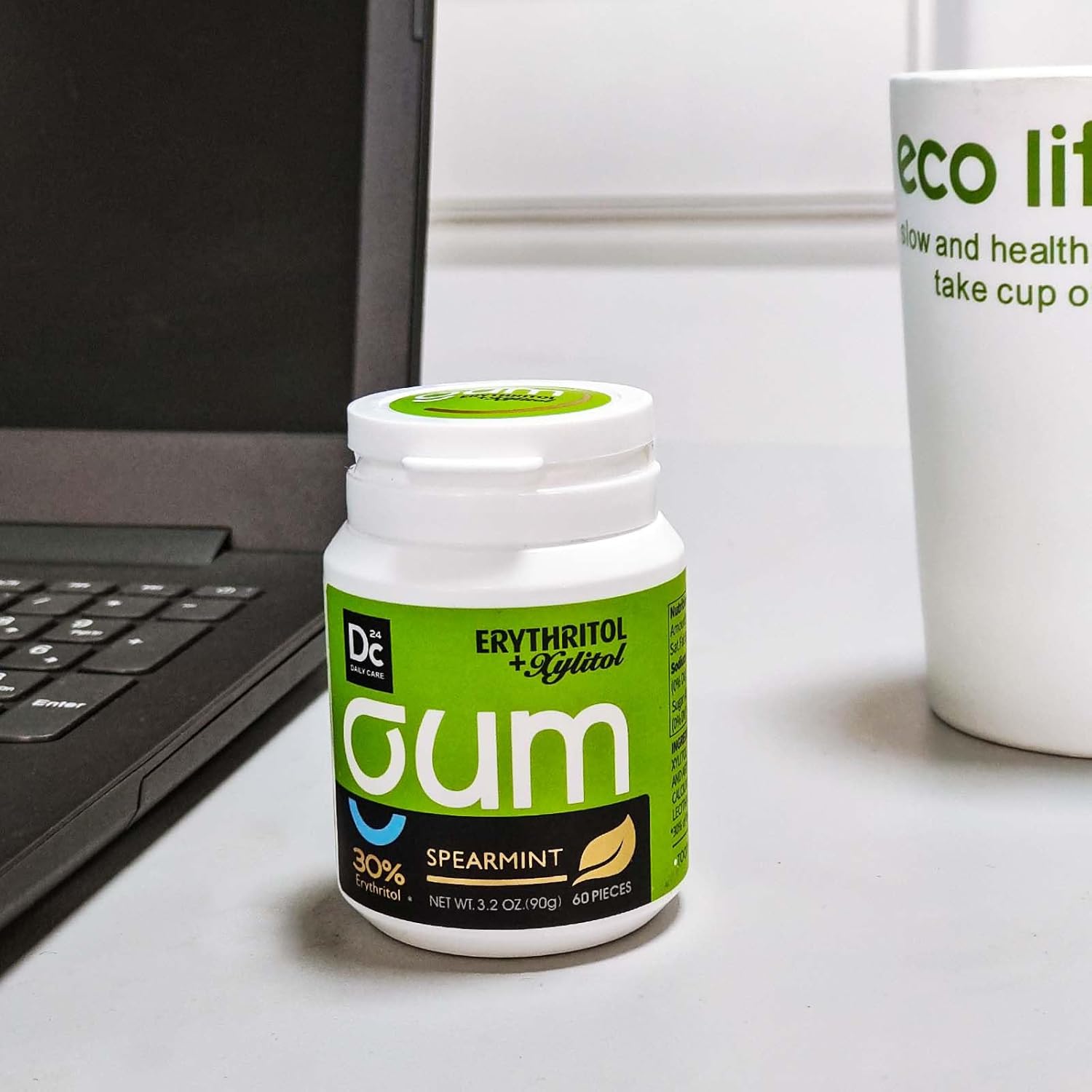 DC24 DAILY CARE Xylitol Chewing Gum with Erythritol, Aspartame Free & Sugar Free Gum, Low-Calorie, Sugarless, Long Lasting Spearmint, 60 Pieces (Pack of 1)