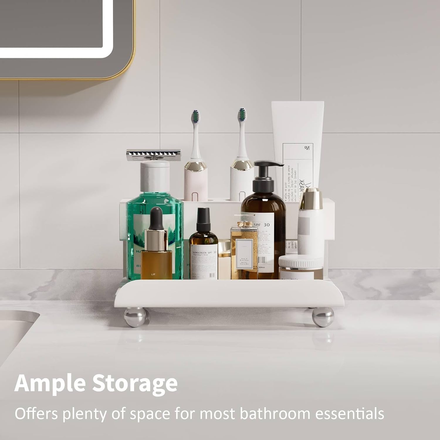 Quick Dry Electric Toothbrush Holder 4 Slots Metal Bathroom Counter Organizer for Toothpaste Razor Mouthwash, White