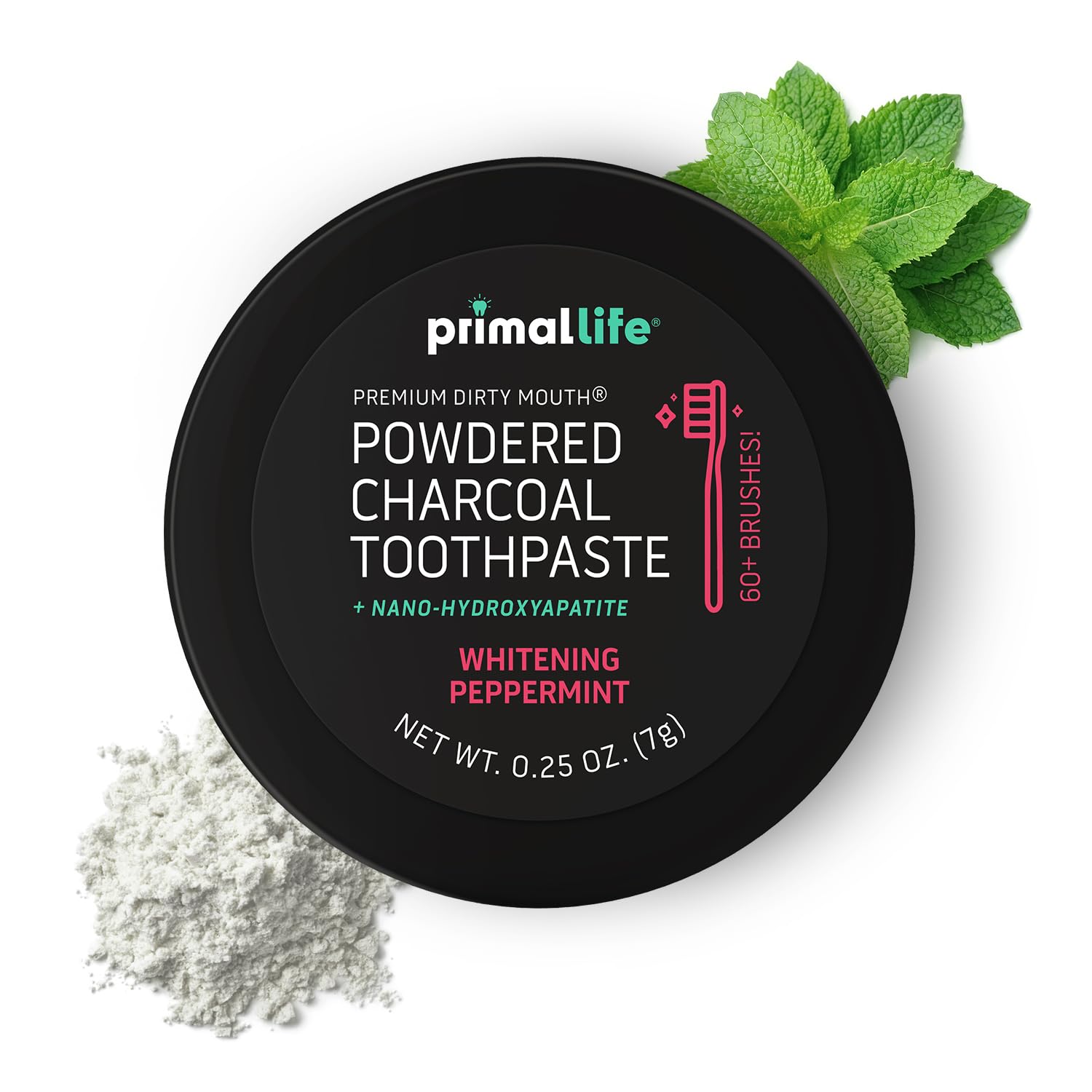 Primal Life Organics -Dirty Mouth Toothpowder, Activated Charcoal Tooth Cleaning Powder, Essential Oils, Hydroxyapatite, Kaolin, Bentonite Clay, 60+ Brushings, Organic, Vegan Black Peppermint 0.25oz